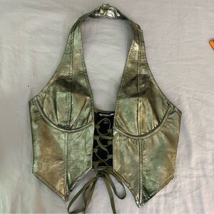 PrettyLittleThing 4 Metallic Green Lace-Up Faux Leather Halter Crop Tank Top